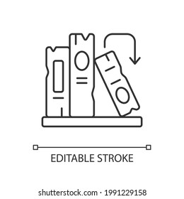Book on shelf linear icon. Search for information. Solving puzzles. Arrange book covers. Thin line customizable illustration. Contour symbol. Vector isolated outline drawing. Editable stroke
