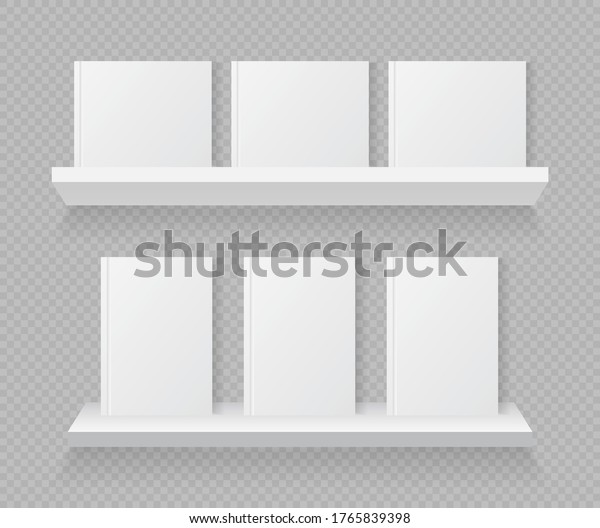 Book on shelf. Mockup of bookshelfs for library.\
White cover of brochure in front. Blank mock for magazine or store.\
Wall with showcase for bookstore, office. Stand with literature in\
home. Vector.