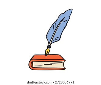 Livro na mesa com pena quill, vibe de estudo clássico, rabiscar colorido, desenhado à mão. Ilustração vetorial.