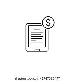 Book on tablet and dollar. Digital reading subscription. Pixel perfect, editable stroke vector icon