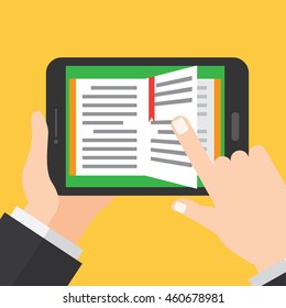 book on tablet screen. online courses. education design concept.