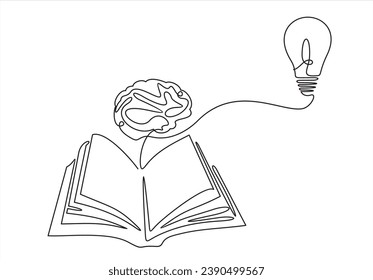 Book one line drawing, continuous vector education and literature with brain and light bulb. Concept of creative thinking and idea. Minimalist contour hand drawn metaphor line art.