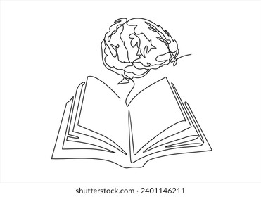 Reserve un dibujo de una línea, educación continua de vectores y literatura con cerebro y. Concepto de pensamiento creativo e idea.