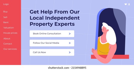 Book online consultations and get help from our local independent property experts. Selling house and accommodation, dwelling. Website landing page template, online web resource. Vector in flat style