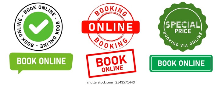 Book online e-commerce reservation retail hotel restaurant website booking service stamp badge sticker label colorful design icon set collection