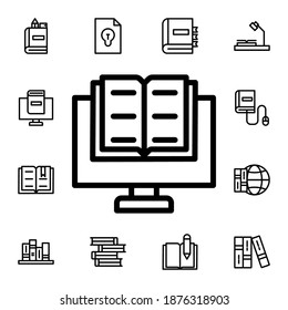 Buch, online, Monitor, flache Vektorsymbol in Büchern Paket