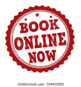 Book online now grunge rubber stamp on white, vector illustration