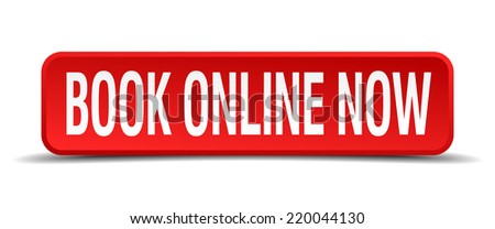 book online now red three-dimensional square button isolated on white background