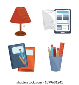 book online read pencil lamp learn education academic icons set vector illustration