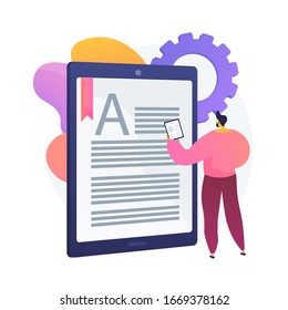 Book online reading. Digital library, e reading, ebooks archive. Internet bookstore. Mobile ereader. Document and text editing. Creative writing. Vector isolated concept metaphor illustration.