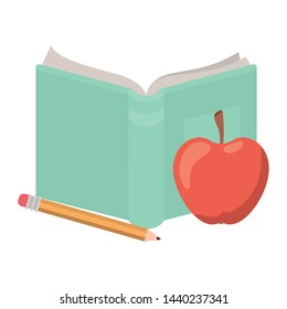book open with apple fruit and pencil