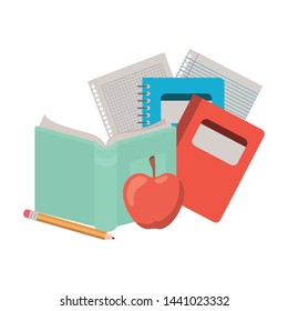 book open with apple fruit and pencil