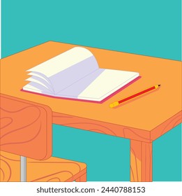 Das Buch ist offen und weht im Wind, daneben befindet sich ein Bleistift auf einem Holztisch Vektor-Illustration