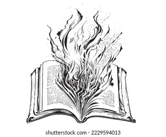 Libro abierto y quemado en el boceto dibujado a mano de fuego Ilustración vectorial.