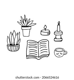 the book is open, a candle, tea, a flower in a pot. reading concept. sketch hand drawn doodle style. vector, minimalism, monochrome. hobbies, learning