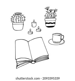 book is open, candle, tea, flower , cup, a cactus in a pot. reading concept. sketch hand drawn doodle style. vector, minimalism, monochrome. hobbies learning cozy home