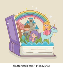 book open with fairytale mermaid with princess in unicorn and warrior