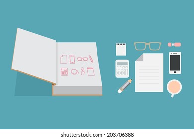 Book open with flat icons concept web design