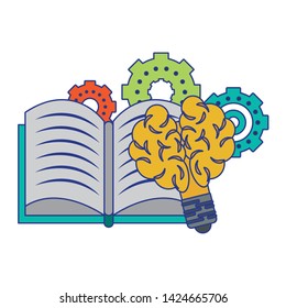 Book open with gears and bulb light brain shape vector illustration graphic design