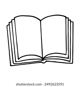 Buchsymbol öffnen. Skizze handgezeichneter Doodle-Stil. Vektorgrafik, Minimalismus, einfarbig. Lernen, Wissen, Geschichte, Lesen, Märchen.