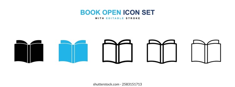 Book open icons vector collection in black and blue colors on white background