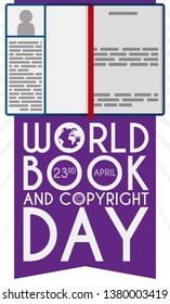 Book open at intro page with a ribbon like bookmark and a ribbon with greeting message to celebrate World Book and Copyright Day this 23rd April.