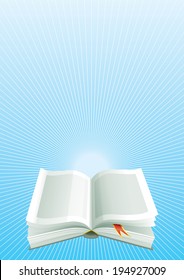 Book.. Open book  on blue vertical   background with beams. 