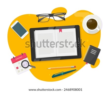 Book open on digital table top view table vector graphic illustration flat cartoon, school study notepad reading workplace, notebook diary page office above image clip art 