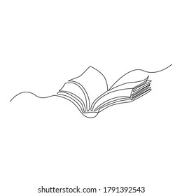 Книга одна линия. Book open outline. One line vector drawing.