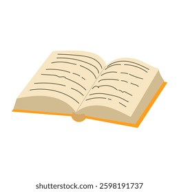A book is open to a page with a line drawing of a person. The book is yellow and orange