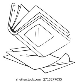 A book is open to a page with a picture of a window