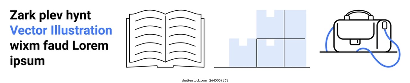 Book with open pages, bar graph with blue elements, business briefcase with a strap. Ideal for education, business strategy, learning tools, corporate training, data presentation, office supplies