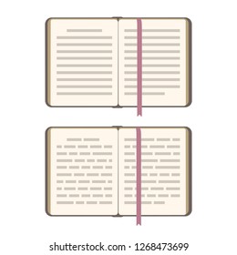 Book open pages with bookmark Vector flat illustration isolated on white. Top view, abstract text line. Knowledge and reading symbol