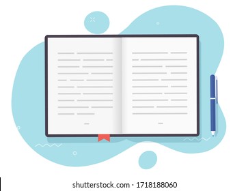 Book open pages with text or textbook paper notepad with bookmark vector flat cartoon illustration isolated, encyclopedia or schoolbook literature.