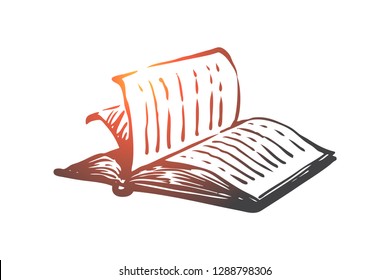 Book, open, paper, literature, knowledge concept. Hand drawn open book with empty pages concept sketch. Isolated vector illustration.