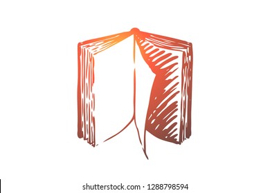 Book, open, paper, literature, knowledge concept. Hand drawn open book with empty pages concept sketch. Isolated vector illustration.