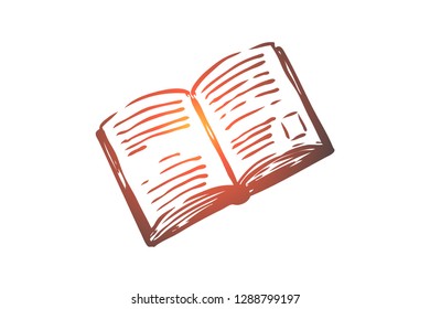 Book, open, paper, literature, knowledge concept. Hand drawn open book with empty pages concept sketch. Isolated vector illustration.