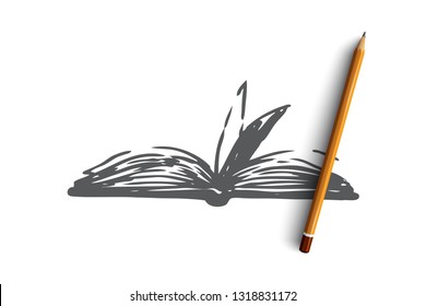 Book, open, paper, literature, knowledge concept. Hand drawn open book with empty pages concept sketch. Isolated vector illustration.