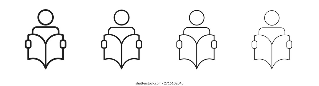 Conjunto de ícones de leitor de livro aberto. Uma coleção de ícones simples de traçados finos pretos