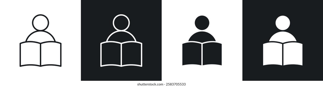 Book open reader icons collection in black and white filled and line versions