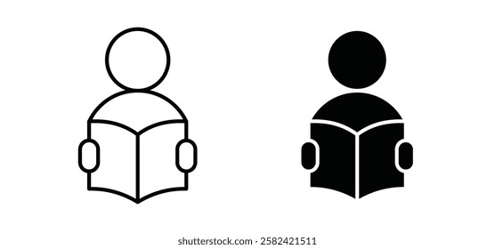 Book open reader icons pack vectors in black flat and strokes