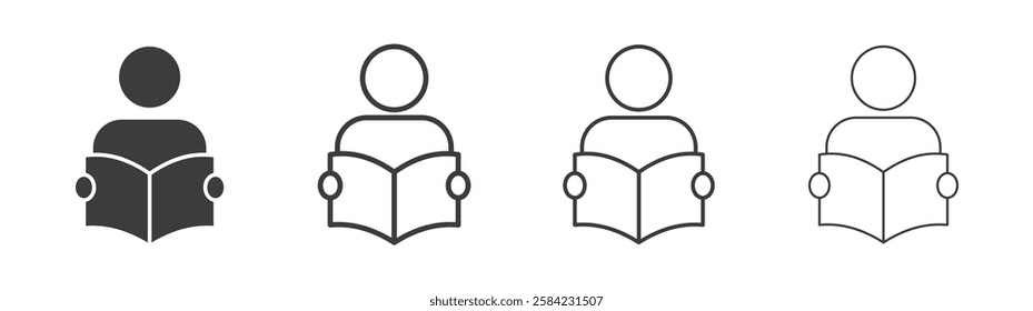 Book open reader icons set. Liner outlined and flat black color