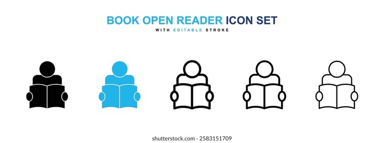 Book open reader icons vector collection in black and blue colors on white background