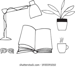 The Book Is Open, A Table Lamp, Glasses, Tea, A Flower In A Pot. Reading Concept. Sketch Hand Drawn Doodle Style. Vector, Minimalism, Monochrome. Hobbies, Learning