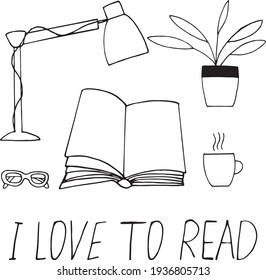 el libro está abierto, una lámpara de mesa, gafas, té, una flor en una olla, y me encanta leer. tarjeta de plantilla, afiche. esbozar el estilo de doodle dibujado a mano. vector, minimalismo, monocromo. hobbies, aprendizaje, lectura