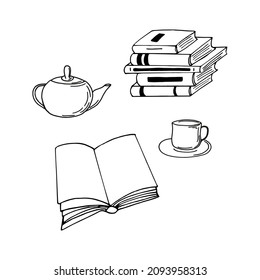 book open, tea, teapot, cup, stack of books. reading concept. sketch, hand drawn, doodle. vector. hobbies, learning, cozy home