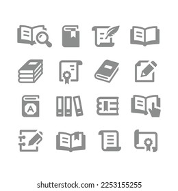 Book, open and textbook vector icon set. Pile of books, document and paper icons.