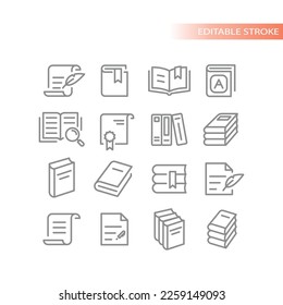 Book, open and textbook vector line icon set. Pile of books, document and paper outline icons.