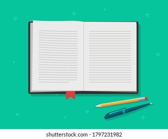 Book open vector, diary textbook text pages, reading notepad or notebook paper with bookmark, writing via pen and pencil on working desk table top view flat cartoon illustration