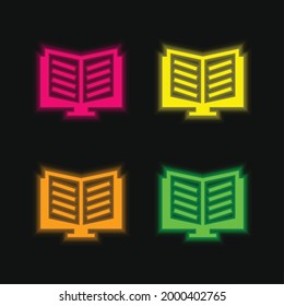 Book Opened On A Stand four color glowing neon vector icon